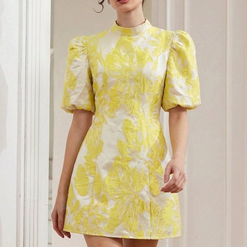 Light Yellow Elegant Women's Fuchsia Jacquet Mini Dress - Picture 5 of 6